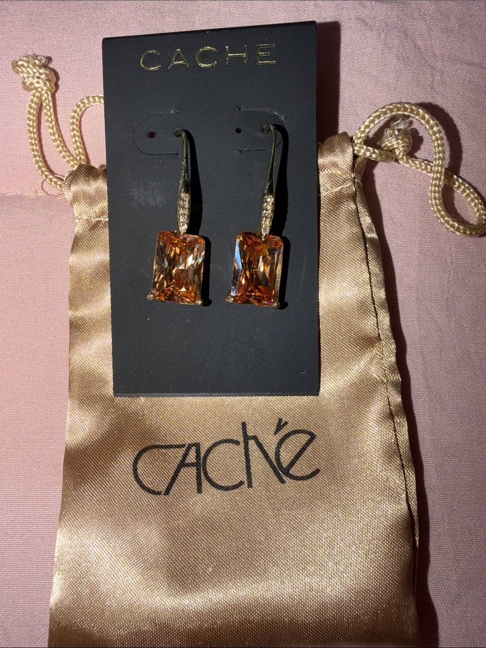 Cache Gold-Tone Rectangular Amber Crystal Drop Earrings